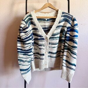 Moon River Cream Cardigan with Blue & Green Wave Stripes